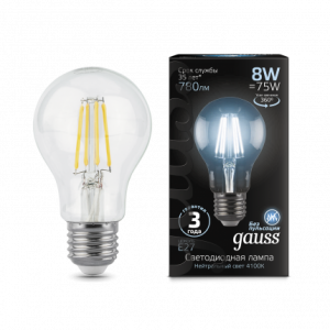 Лампа Gauss Filament А60 8W 780lm 4100К Е27 LED 1/10/40